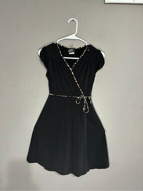 Girls' Black Wrap Midi Dress with Leopard-Trim Accent